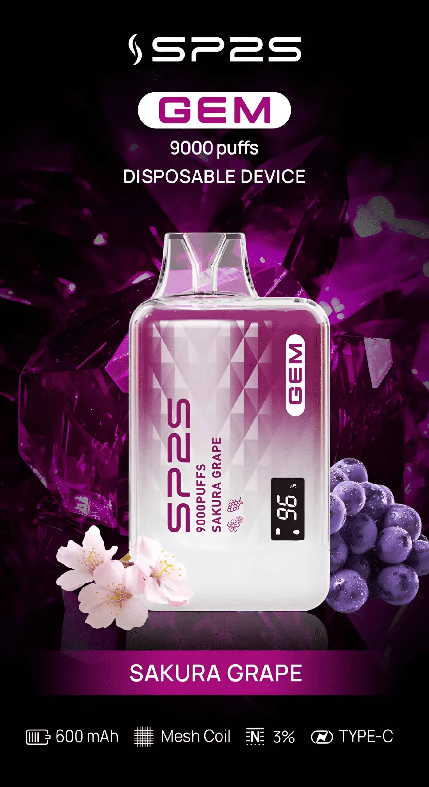 SP2S 拋棄式／一次性電子煙 9000 口 櫻花葡萄