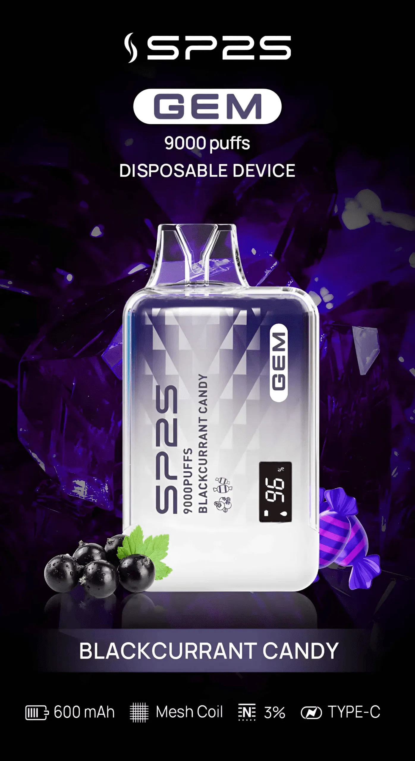 SP2S 拋棄式／一次性電子煙 9000 口 黑加侖糖果